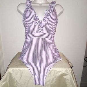 Purple and White Striped Swimsuit One Piece Size Medium New With Tags